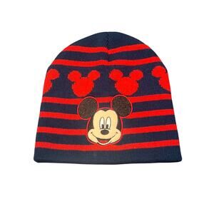 Mickey Mouse Boys Knitted Beanie Hat Blue Red Stripe - Size 2T-5T